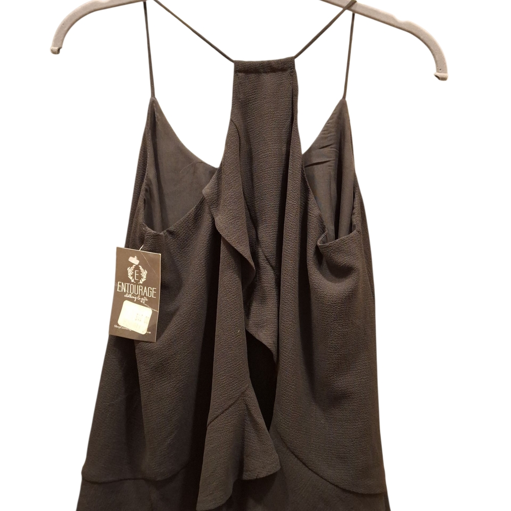 "Madelynn" NWT Black Asymmetrical Ruffled Sleeveless Camisole. 100%polyester.